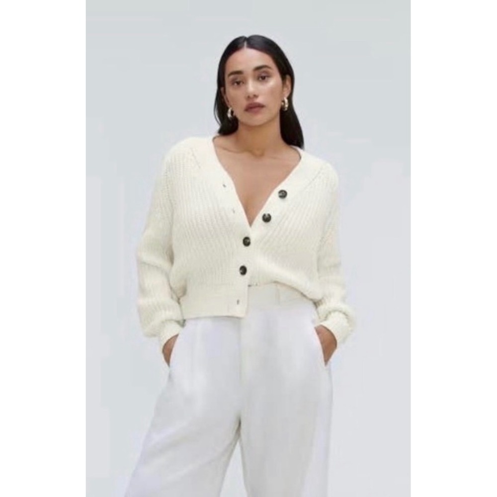 Everlane Texture Cotton Cardigan Bone Tan V-Neck Ribbed Cable Knit Sweater XS